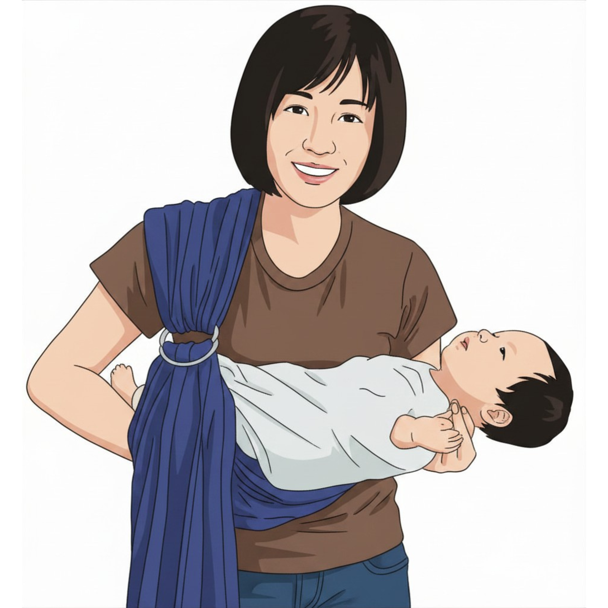 スリングのテール部分を大きく広げ、先端にあたる布の両端を両手で持って外側へと優しく引き出すイラスト